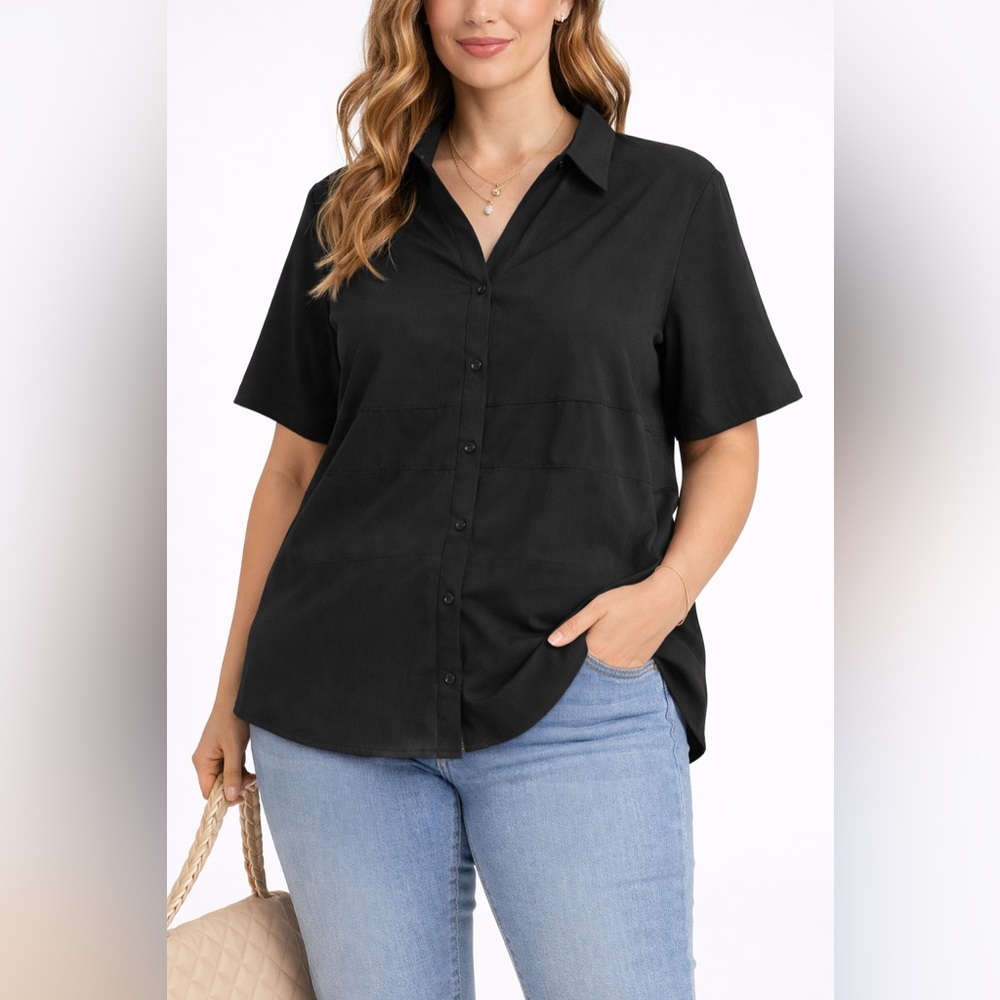 Style & Co Women’s 24W Black Button Up Blouse Long Sleeve Stretch Plus Size top